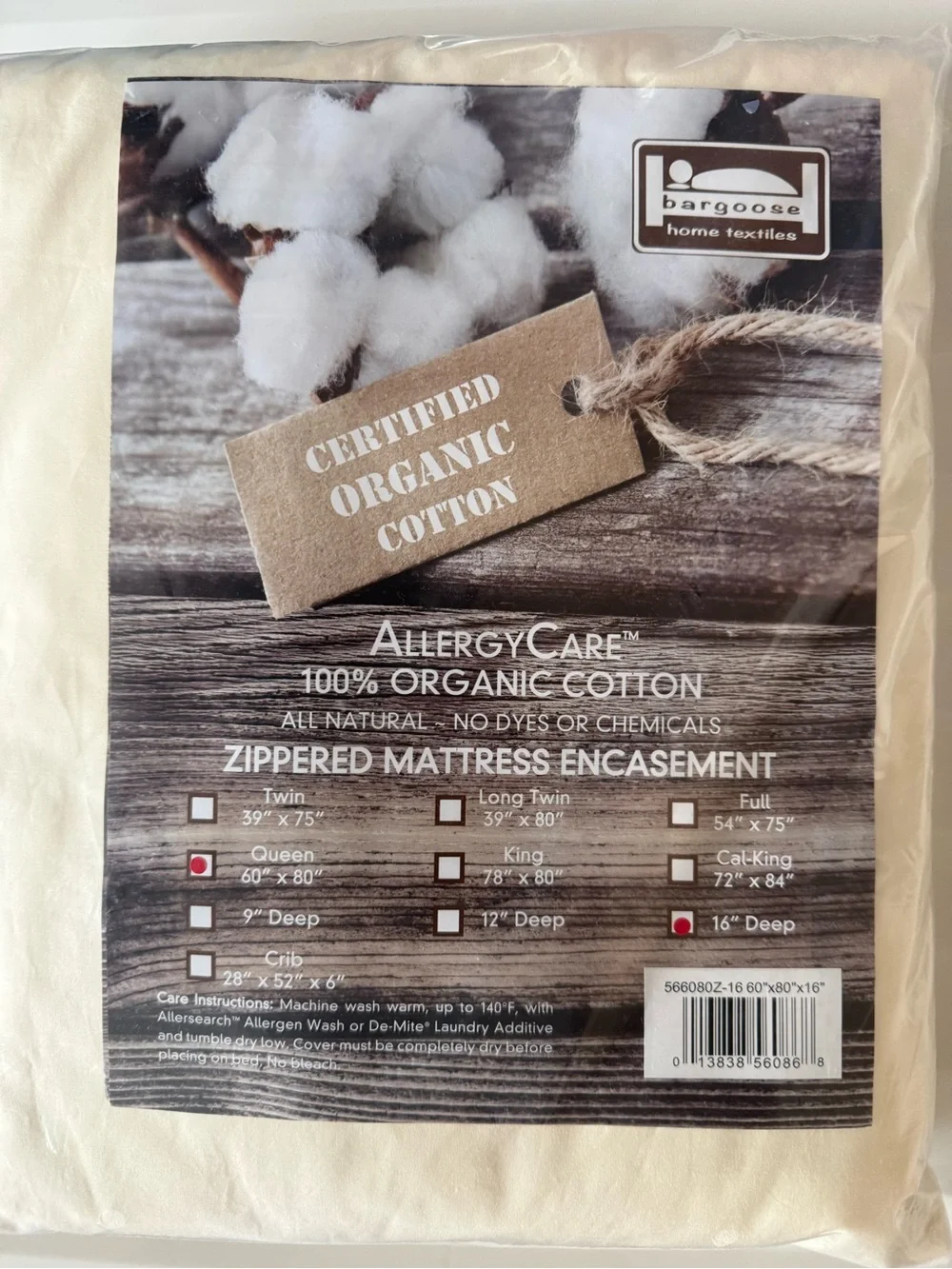 ALLERGY CARE 100% ORGANIC COTTON ZIPPERED MATTRESS ENCASEMENT QUEEN